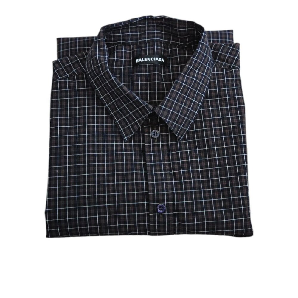 Balenciaga 39 Boxy Short Sleeve Shirt Button Up Oversized Plaid - Picture 2 of 9